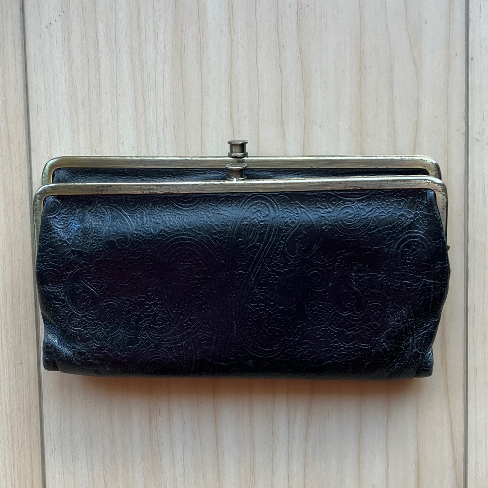HOBO INTERNATIONAL~LAUREN~VINTAGE HYDE Leather Clutch Double Frame Wallet BLACK